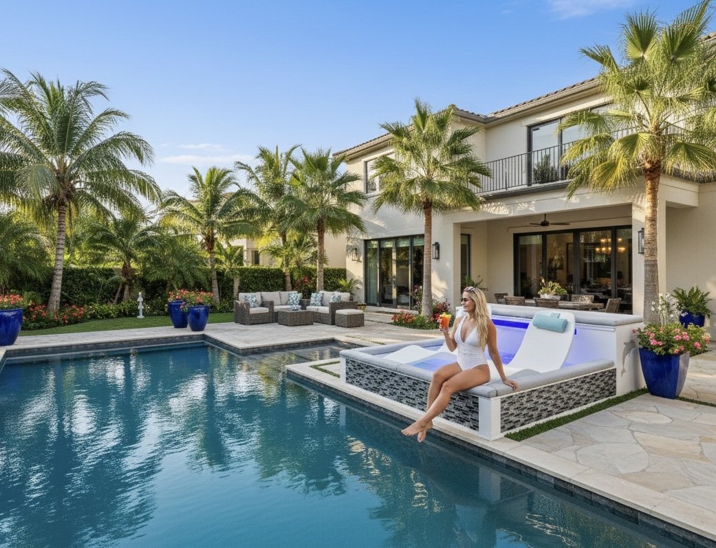 Luxury backyard pool with palm trees and spa