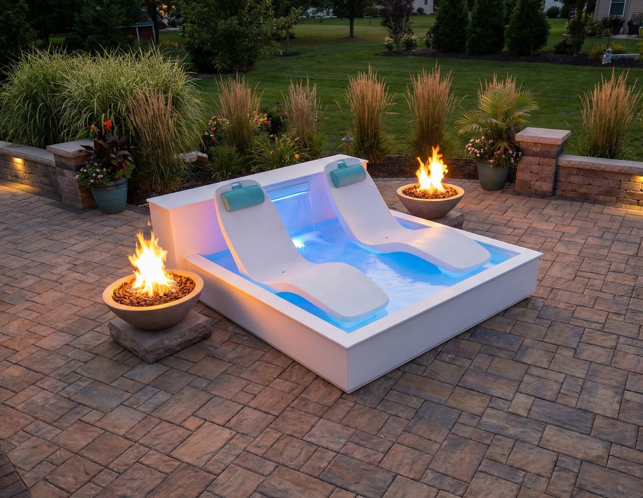 Backyard oasis pool with in-water loungers and fire bowls